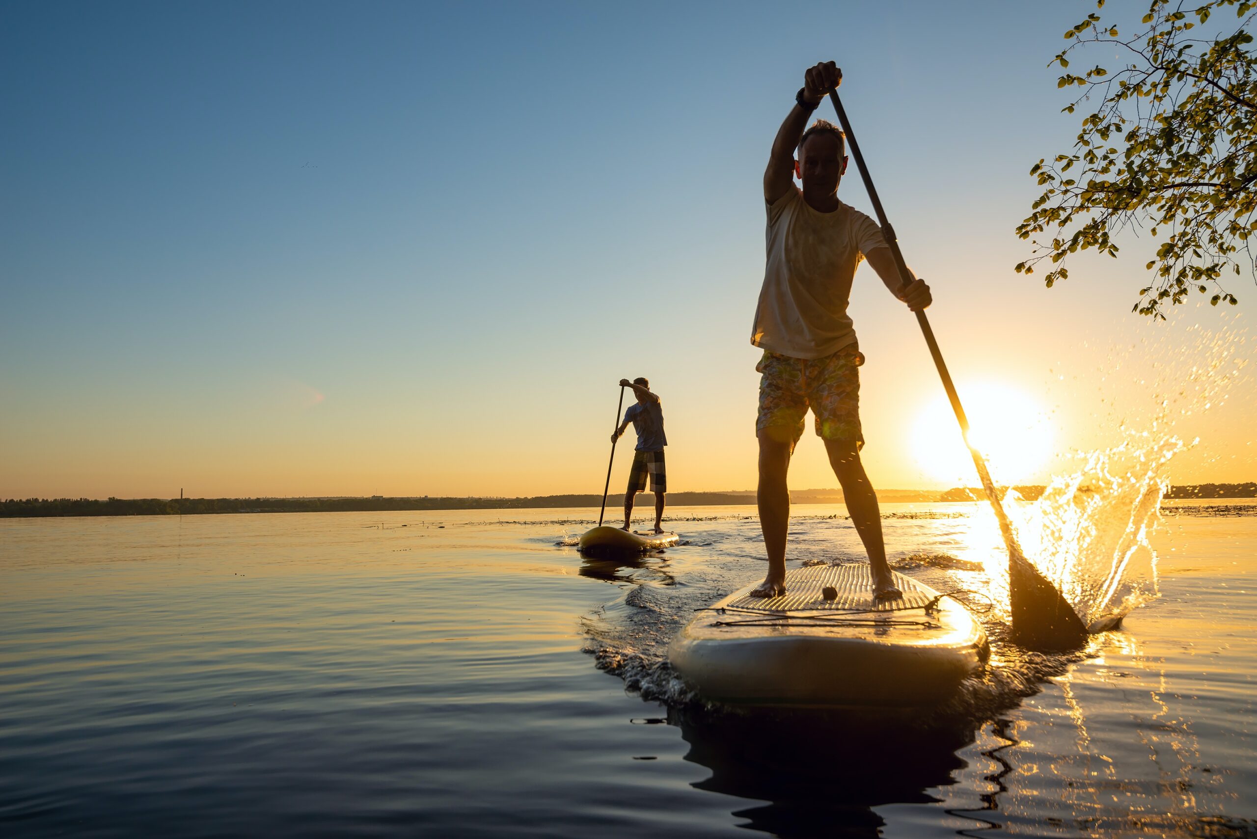 older couple paddle boarding in the ocean